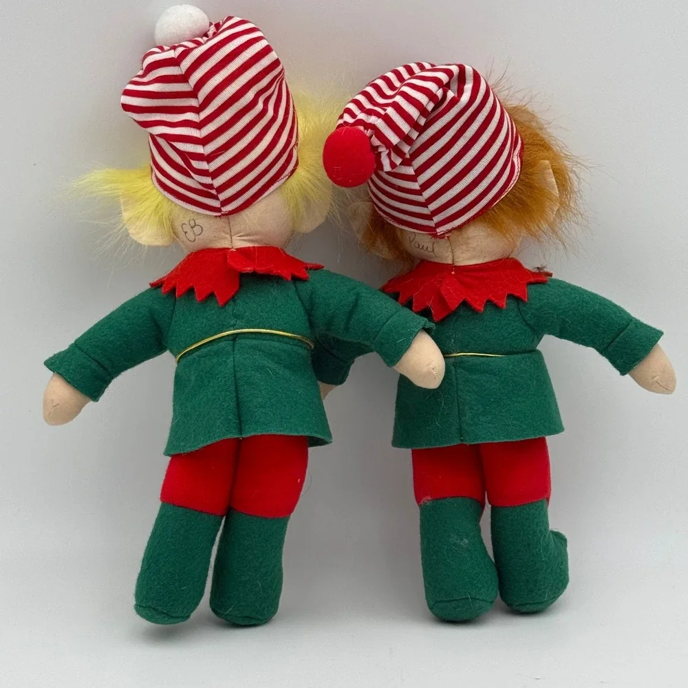 Vintage 1994 Dakin Richie Bear Christmas Elf Plush Dolls Pair Green Red 11 Inch